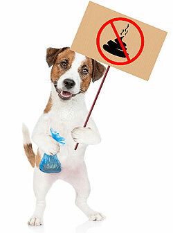 hond met poepzakje in poot en bord verboden te poepen