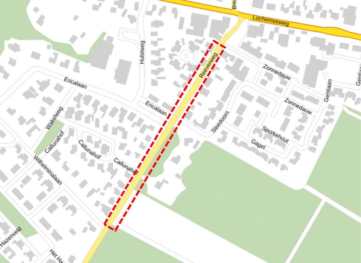 plattegrond met de deel van de Reeverweg gemarkeerd tussen Zonnedauw en Wilhelminalaan