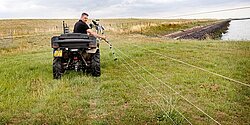 boer in quad plaatst een wolfwerendraster