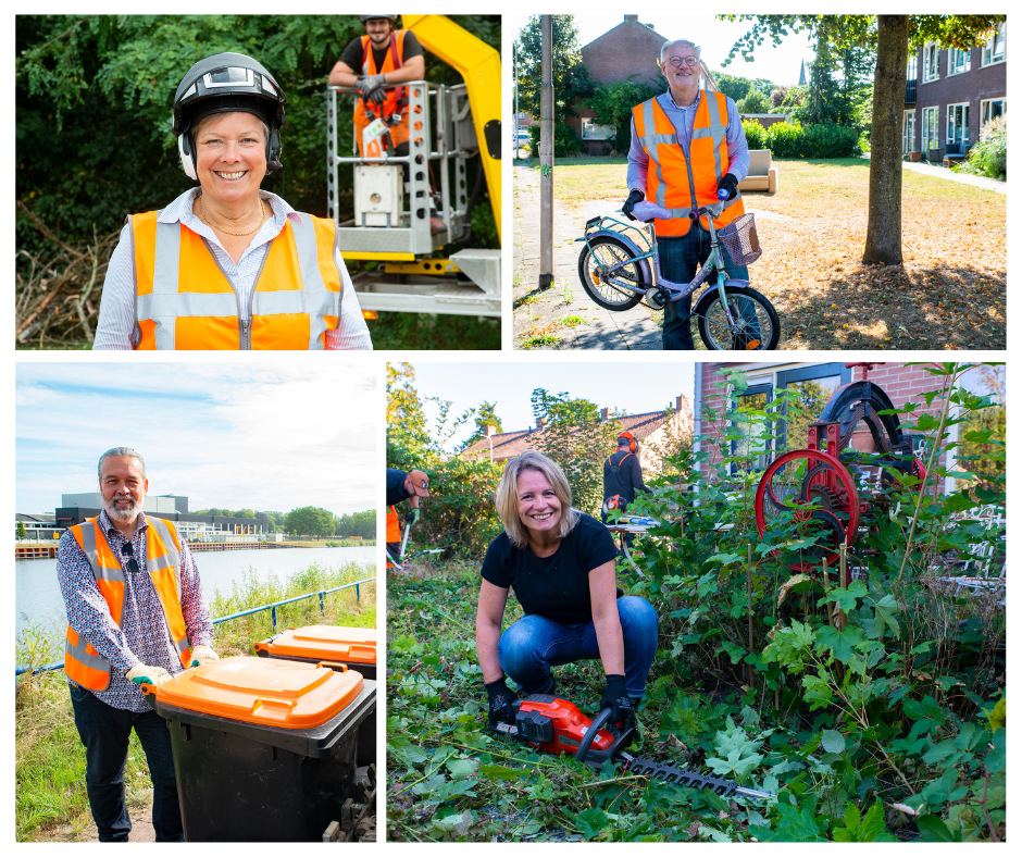 verschillende foto's van de wethouders in oranje hesjes bezig met vakantiewerk