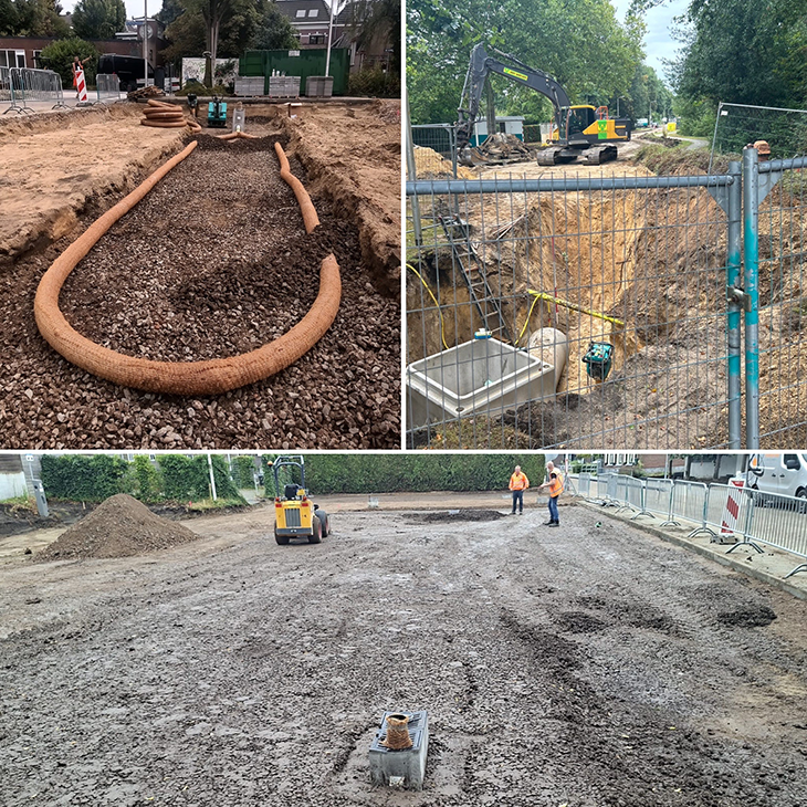 3 verschillende foto's van de werkzaamheden met veel zand, een put, een slang (rioolbuis)? en werklui