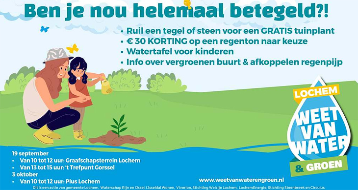 tekst: Ben je nou helemaal betegeld? met tekening vrouw en kind aan het water